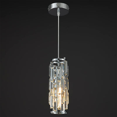 Contemporary Industrial Style Cylinder Long Tube Rectangle Disc Base Iron Crystal 1-Light Pendant Light For Living Room