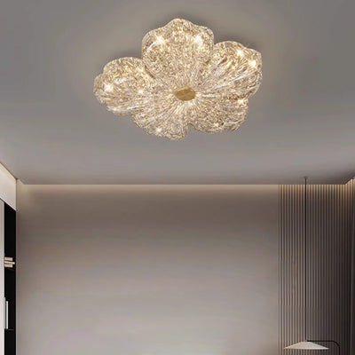 Modern Luxury Warm Flower Full Copper Resin Gold Foil LED Flush Mount Ceiling Light For Living Room