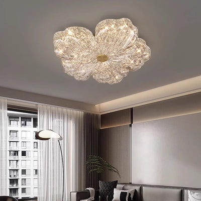 Modern Luxury Warm Flower Full Copper Resin Gold Foil LED Flush Mount Ceiling Light For Living Room