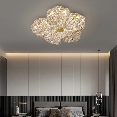 Modern Luxury Warm Flower Full Copper Resin Gold Foil LED Flush Mount Ceiling Light For Living Room