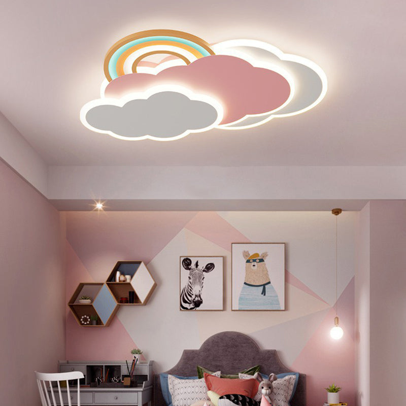 Contemporary Creative Cartoon Kids Cloud Rainbow Iron Acrylic LED Flush Mount Ceiling Light For Bedroom