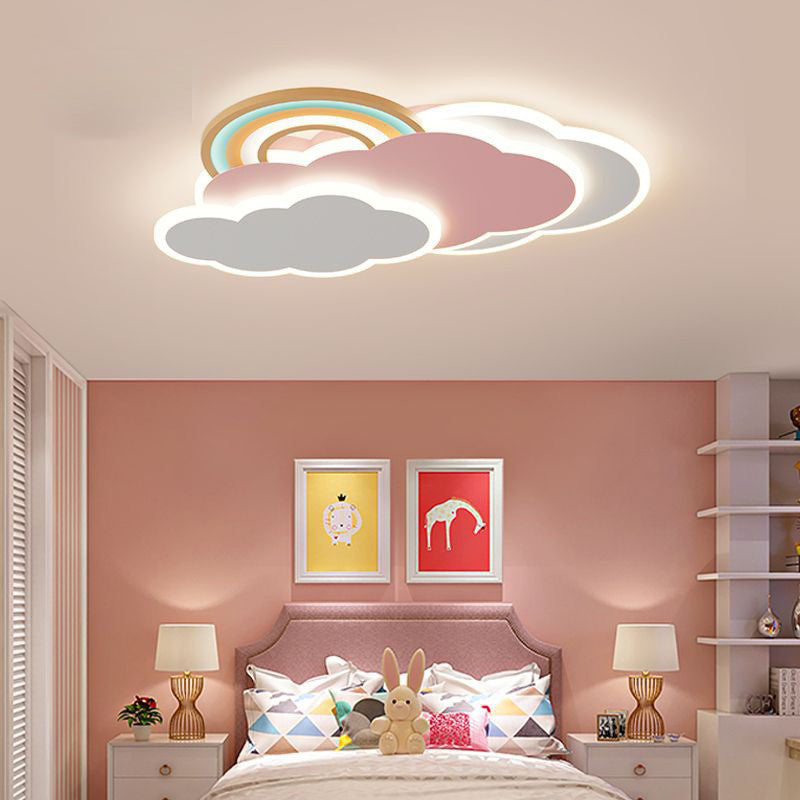 Contemporary Creative Cartoon Kids Cloud Rainbow Iron Acrylic LED Flush Mount Ceiling Light For Bedroom