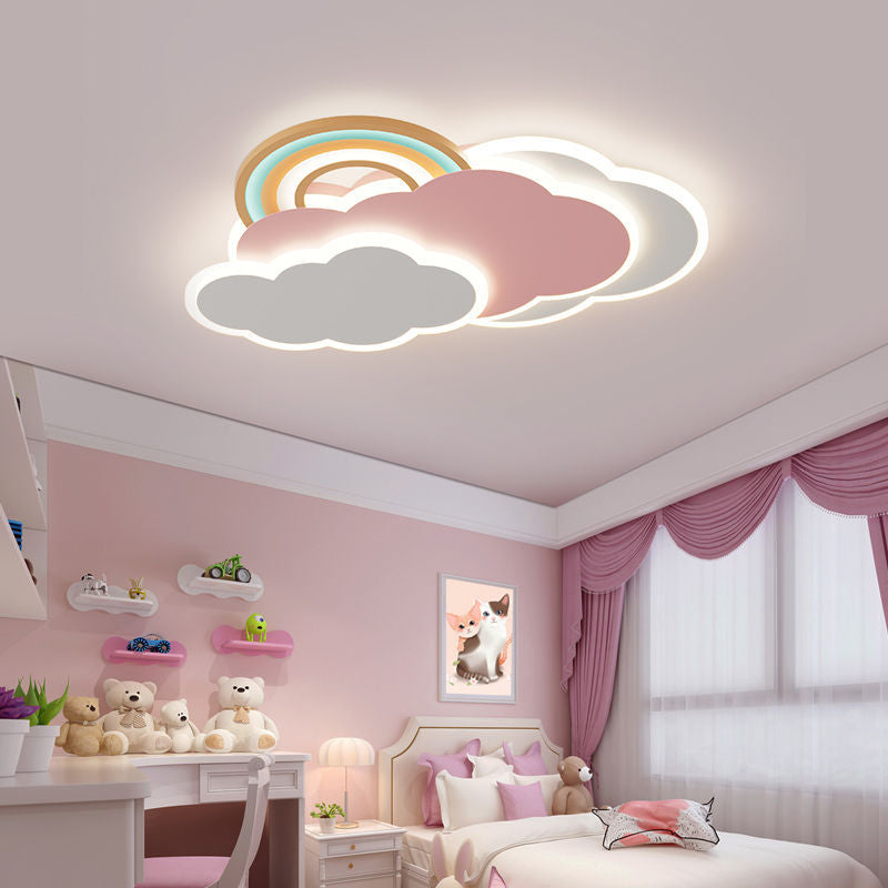 Contemporary Creative Cartoon Kids Cloud Rainbow Iron Acrylic LED Flush Mount Ceiling Light For Bedroom