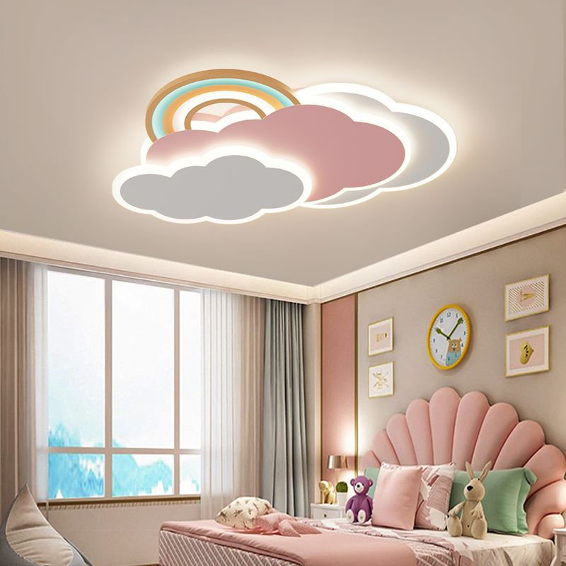 Contemporary Creative Cartoon Kids Cloud Rainbow Iron Acrylic LED Flush Mount Ceiling Light For Bedroom