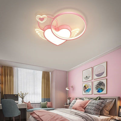 Contemporary Creative Cartoon Kids Circle Love Wings Iron Acrylic LED Flush Mount Ceiling Light For Living Room