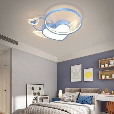 Contemporary Creative Cartoon Kids Circle Love Wings Iron Acrylic LED Flush Mount Ceiling Light For Living Room