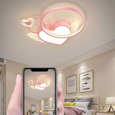 Contemporary Creative Cartoon Kids Circle Love Wings Iron Acrylic LED Flush Mount Ceiling Light For Living Room