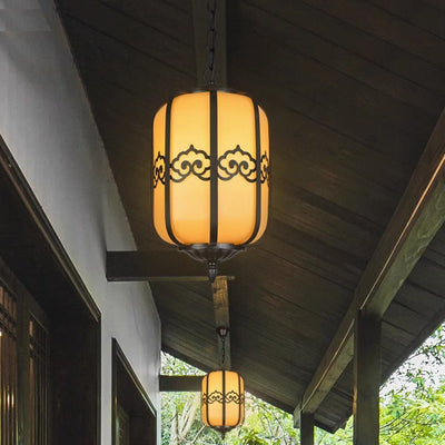 Traditional Chinese Cylinder Waterproof Striped Cloud Aluminum Faux Dolomite 1-Light Pendant Light For Outdoor Patio