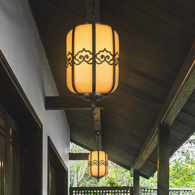 Traditional Chinese Cylinder Waterproof Striped Cloud Aluminum Faux Dolomite 1-Light Pendant Light For Outdoor Patio