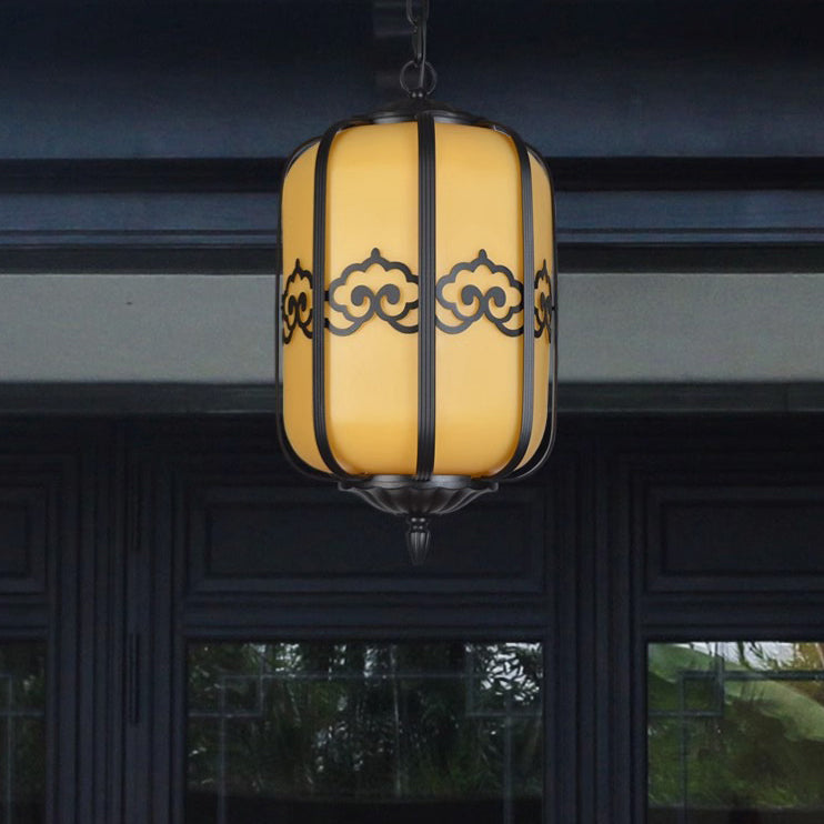 Traditional Chinese Cylinder Waterproof Striped Cloud Aluminum Faux Dolomite 1-Light Pendant Light For Outdoor Patio