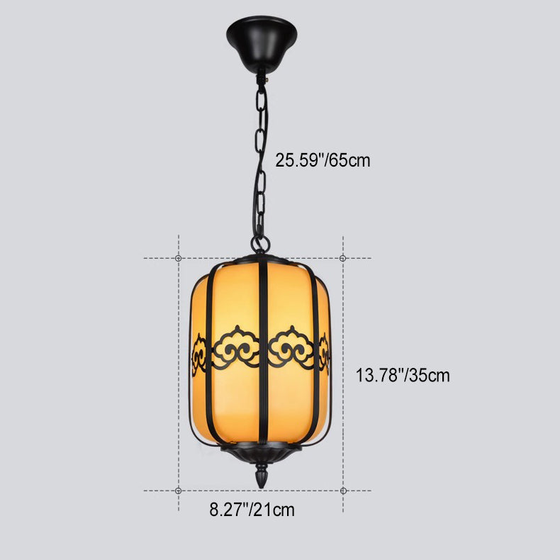 Traditional Chinese Cylinder Waterproof Striped Cloud Aluminum Faux Dolomite 1-Light Pendant Light For Outdoor Patio