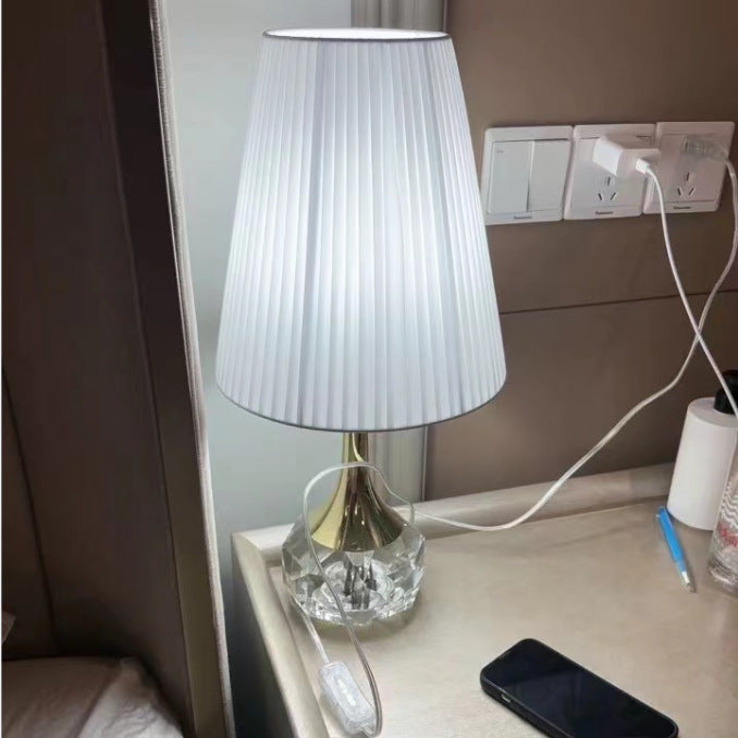 Modern Luxury Bottle Round Table Pleated Hardware Crystal Fabric 1-Light Table Lamp For Bedroom