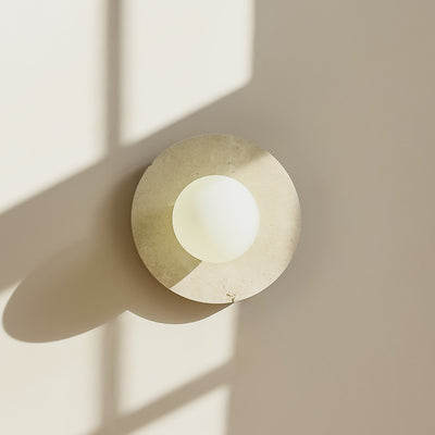 Traditional Japanese Round Spherical Travertine Solid Wood Glass 1-Light Wall Sconce Lamp For Living Room