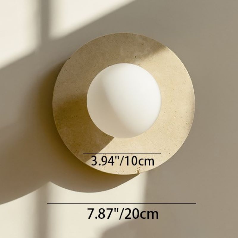 Traditional Japanese Round Spherical Travertine Solid Wood Glass 1-Light Wall Sconce Lamp For Living Room