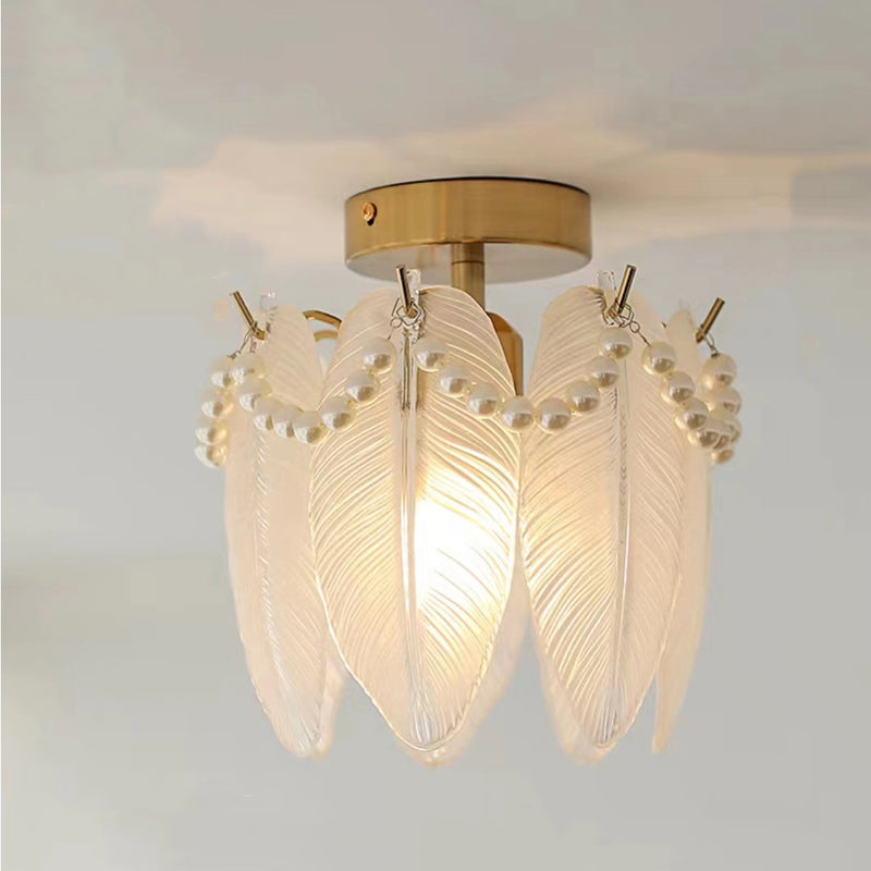 Modern Luxury Oval Ripple Feather Shell Hardware Glass 1-Light Semi-Flush Mount Ceiling Light For Living Room