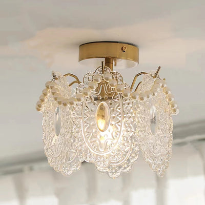 Modern Luxury Oval Ripple Feather Shell Hardware Glass 1-Light Semi-Flush Mount Ceiling Light For Living Room