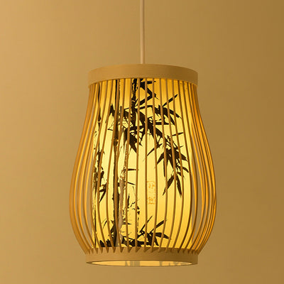 Traditional Chinese Cylinder Oval Strip Bamboo Leaf Plum Blossom Bamboo Imitation Parchment 1-Light Pendant Light For Living Room