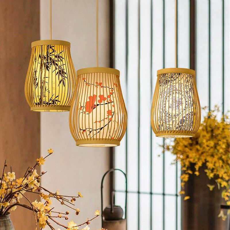 Traditional Chinese Cylinder Oval Strip Bamboo Leaf Plum Blossom Bamboo Imitation Parchment 1-Light Pendant Light For Living Room