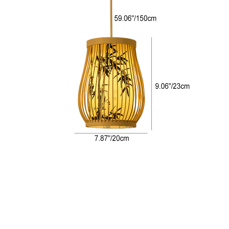 Traditional Chinese Cylinder Oval Strip Bamboo Leaf Plum Blossom Bamboo Imitation Parchment 1-Light Pendant Light For Living Room