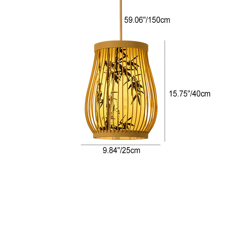 Traditional Chinese Cylinder Oval Strip Bamboo Leaf Plum Blossom Bamboo Imitation Parchment 1-Light Pendant Light For Living Room