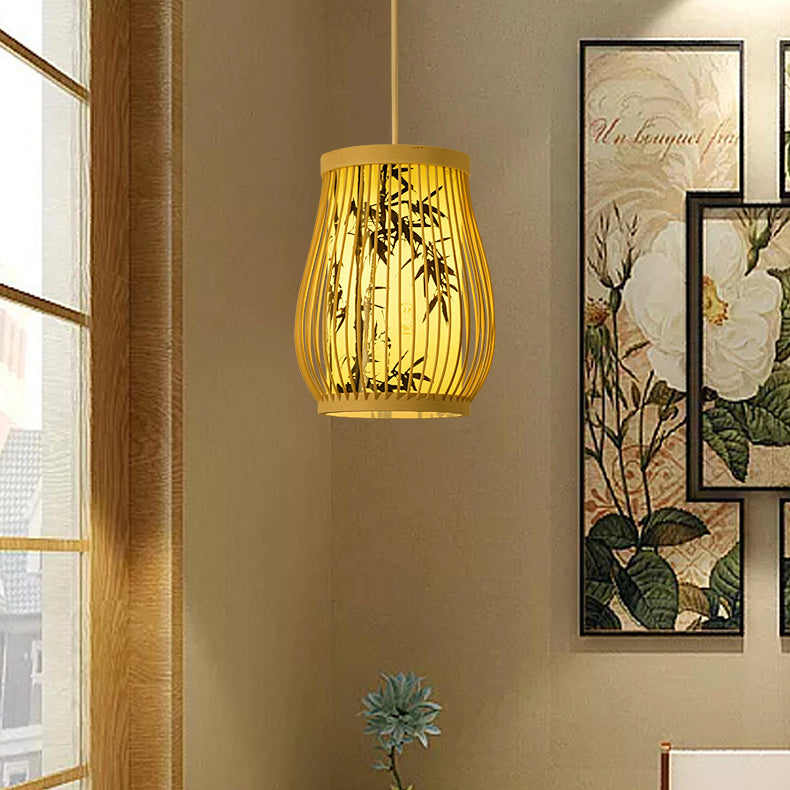 Traditional Chinese Cylinder Oval Strip Bamboo Leaf Plum Blossom Bamboo Imitation Parchment 1-Light Pendant Light For Living Room