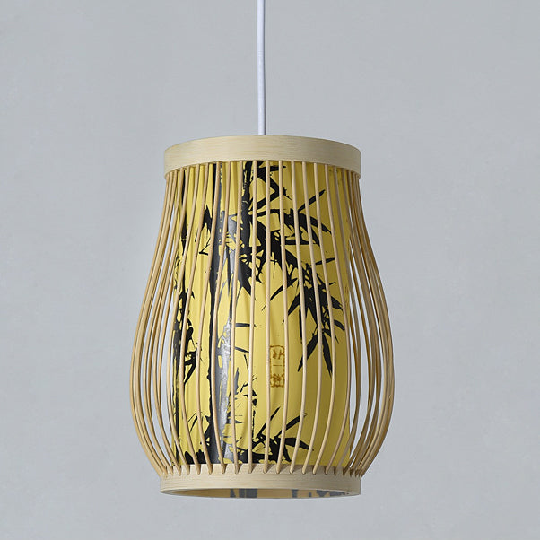 Traditional Chinese Cylinder Oval Strip Bamboo Leaf Plum Blossom Bamboo Imitation Parchment 1-Light Pendant Light For Living Room