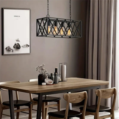 Contemporary Industrial Rectangle Mesh Long Iron 4/6 Light Chandelier Island Light For Dining Room