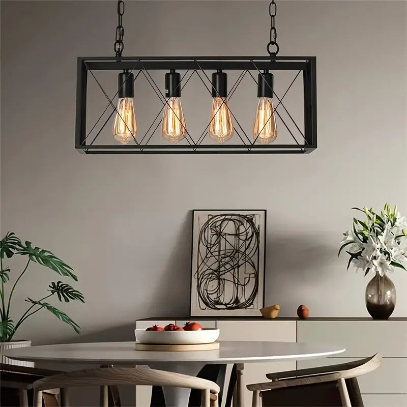 Contemporary Industrial Rectangle Mesh Long Iron 4/6 Light Chandelier Island Light For Dining Room