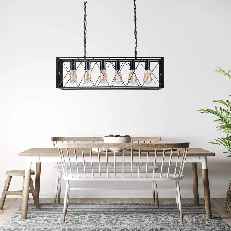 Contemporary Industrial Rectangle Mesh Long Iron 4/6 Light Chandelier Island Light For Dining Room