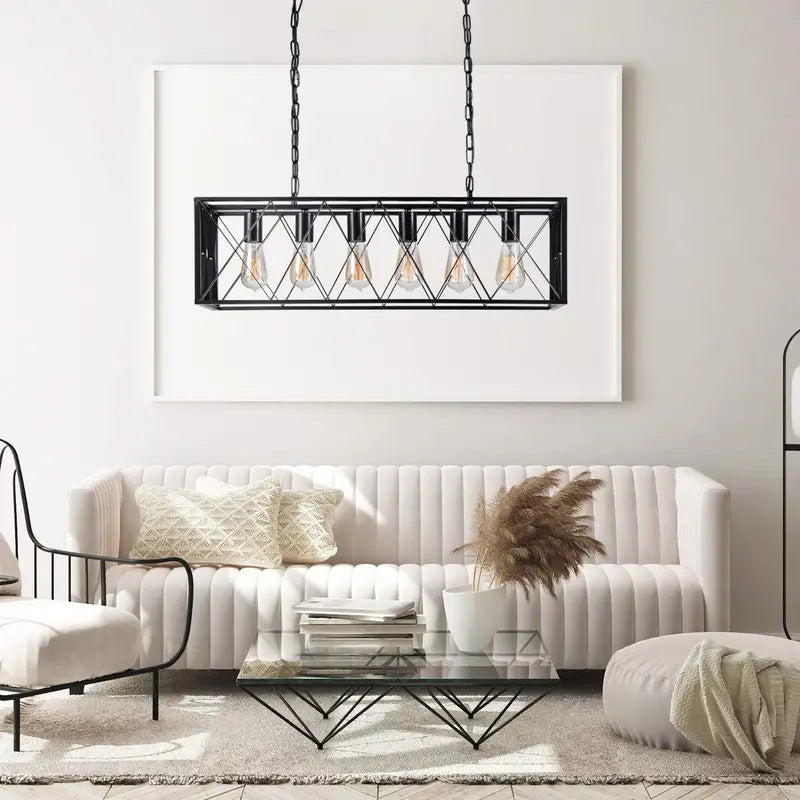 Contemporary Industrial Rectangle Mesh Long Iron 4/6 Light Chandelier Island Light For Dining Room