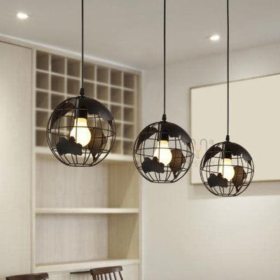 Contemporary Scandinavian Orb Globe Hollow Disc Base Iron 1-Light Pendant Light For Living Room