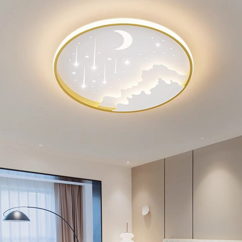 Modern Minimalist Kids Round Moon Meteor Star Iron Acrylic LED Flush Mount Ceiling Light For Bedroom