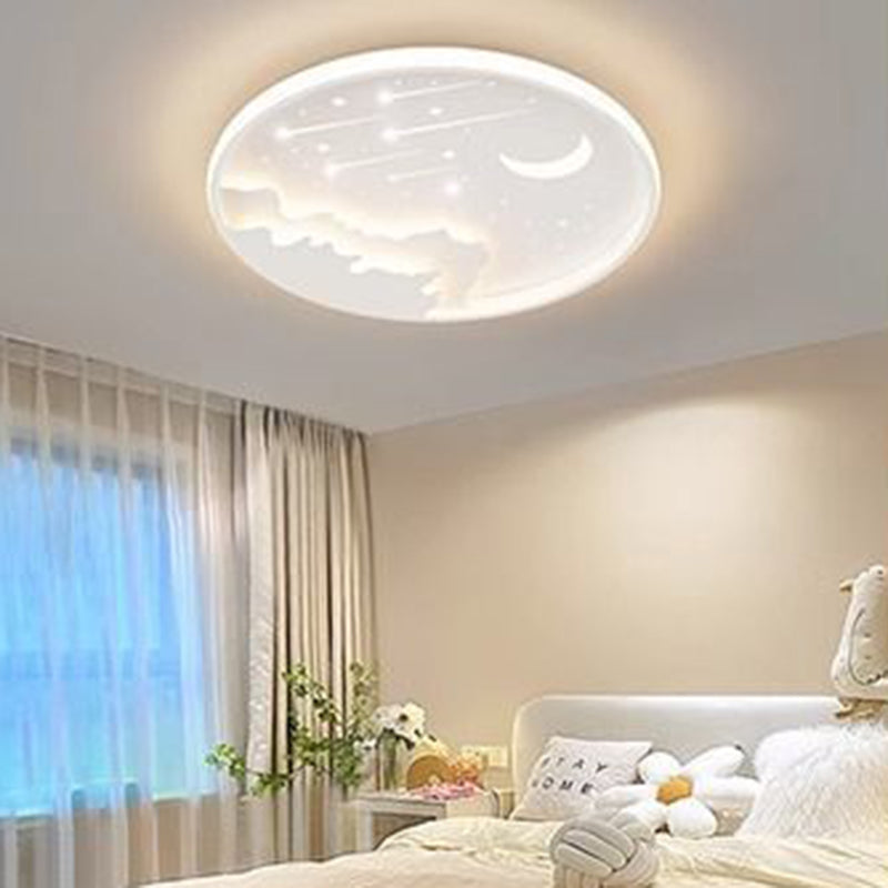 Modern Minimalist Kids Round Moon Meteor Star Iron Acrylic LED Flush Mount Ceiling Light For Bedroom