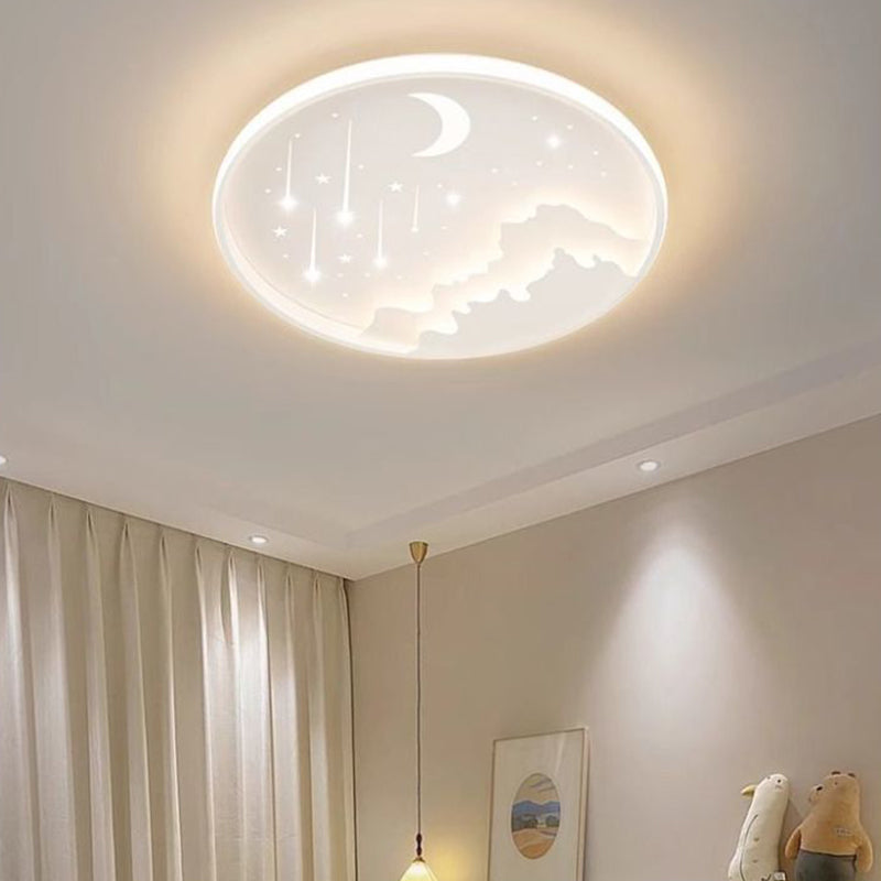 Modern Minimalist Kids Round Moon Meteor Star Iron Acrylic LED Flush Mount Ceiling Light For Bedroom