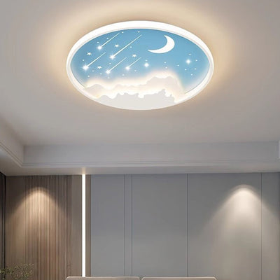 Modern Minimalist Kids Round Moon Meteor Star Iron Acrylic LED Flush Mount Ceiling Light For Bedroom