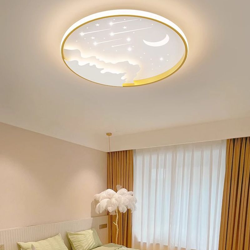 Modern Minimalist Kids Round Moon Meteor Star Iron Acrylic LED Flush Mount Ceiling Light For Bedroom