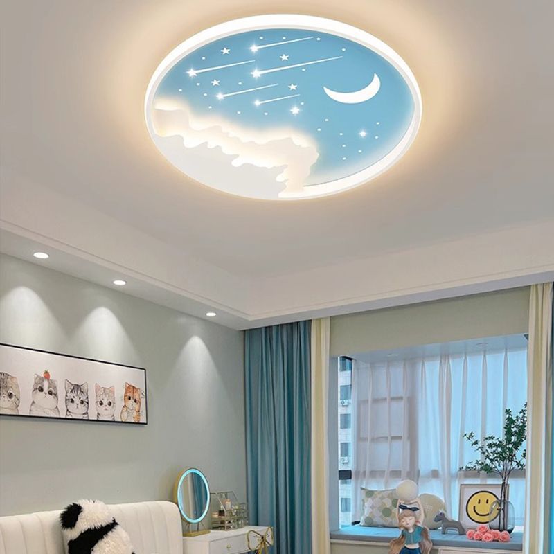 Modern Minimalist Kids Round Moon Meteor Star Iron Acrylic LED Flush Mount Ceiling Light For Bedroom