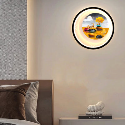 Contemporary Creative Round Peacock Deer Tree Landscape Painting Iron Acrylic LED Wall Sconce Lamp For Bedroom