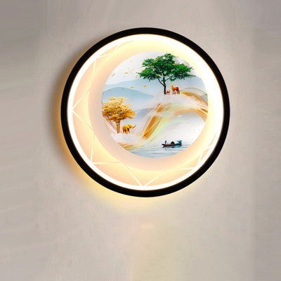 Contemporary Creative Round Peacock Deer Tree Landscape Painting Iron Acrylic LED Wall Sconce Lamp For Bedroom