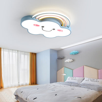 Contemporary Creative Kids Rainbow Clouds Smiley Iron Aluminum Acrylic LED Flush Mount Ceiling Light For Bedroom