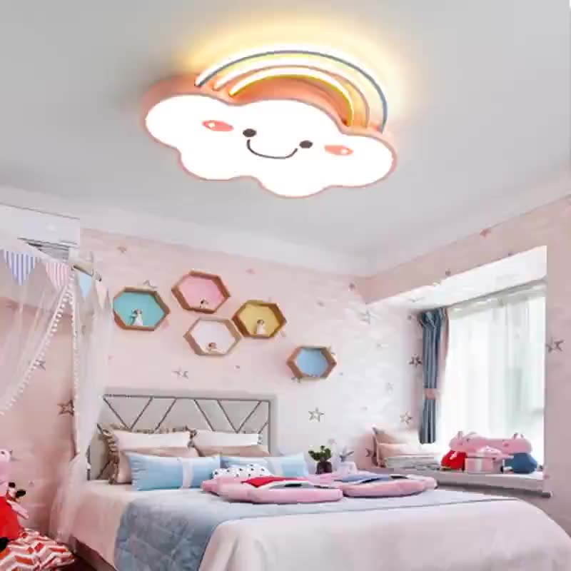 Contemporary Creative Kids Rainbow Clouds Smiley Iron Aluminum Acrylic LED Flush Mount Ceiling Light For Bedroom