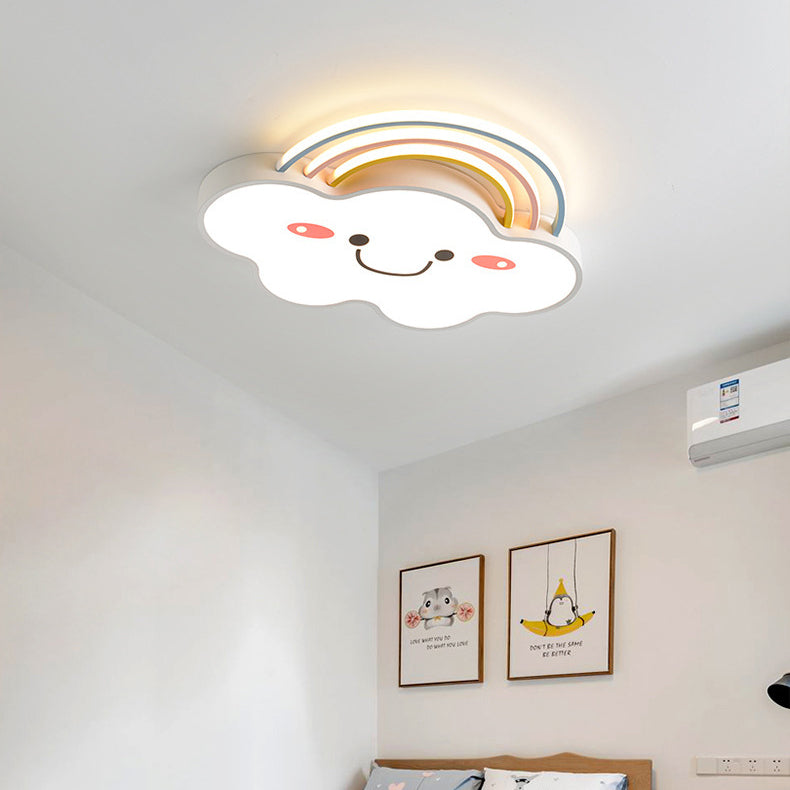 Contemporary Creative Kids Rainbow Clouds Smiley Iron Aluminum Acrylic LED Flush Mount Ceiling Light For Bedroom