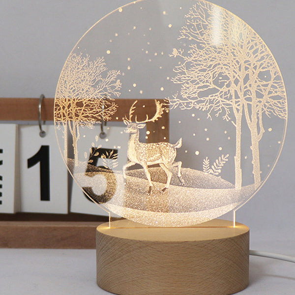 Contemporary Creative Round Cylinder Base Moon Christmas Tree Wooden Acrylic LED Table Lamp For Bedroom