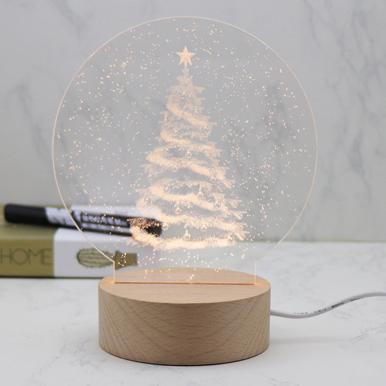 Contemporary Creative Round Cylinder Base Moon Christmas Tree Wooden Acrylic LED Table Lamp For Bedroom