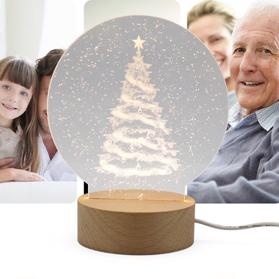 Contemporary Creative Round Cylinder Base Moon Christmas Tree Wooden Acrylic LED Table Lamp For Bedroom