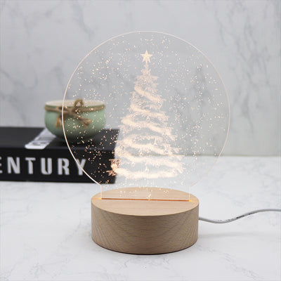 Contemporary Creative Round Cylinder Base Moon Christmas Tree Wooden Acrylic LED Table Lamp For Bedroom