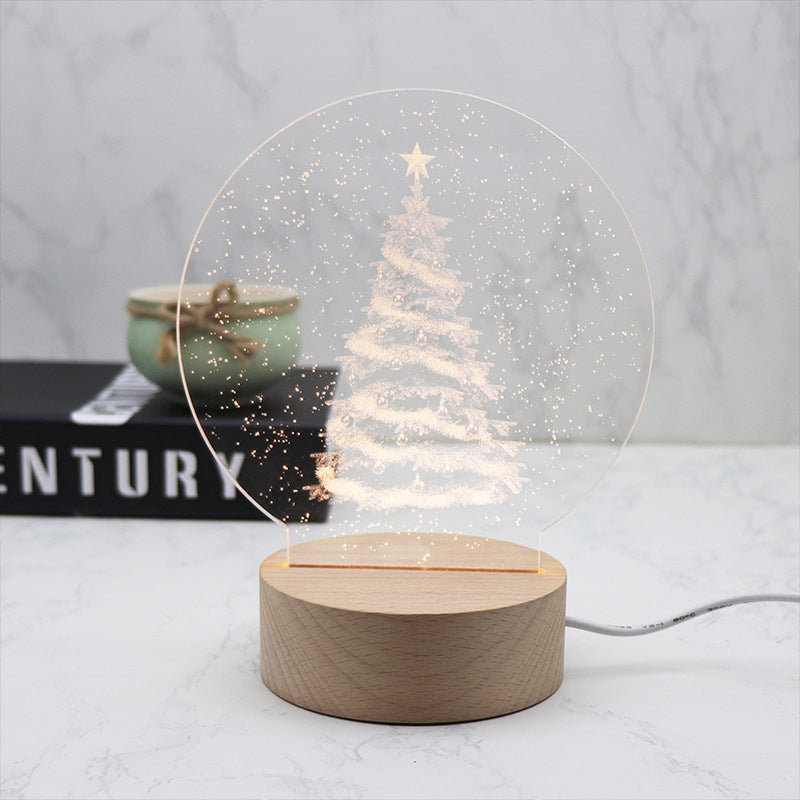 Contemporary Creative Round Cylinder Base Moon Christmas Tree Wooden Acrylic LED Table Lamp For Bedroom