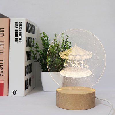 Contemporary Creative Round Cylinder Base Moon Christmas Tree Wooden Acrylic LED Table Lamp For Bedroom