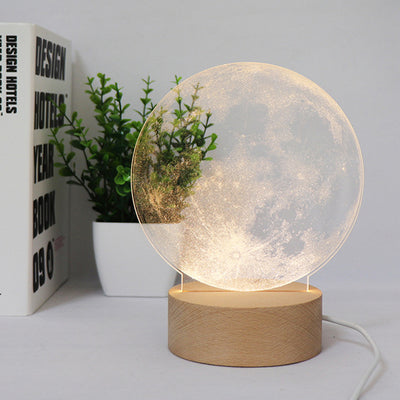 Contemporary Creative Round Cylinder Base Moon Christmas Tree Wooden Acrylic LED Table Lamp For Bedroom