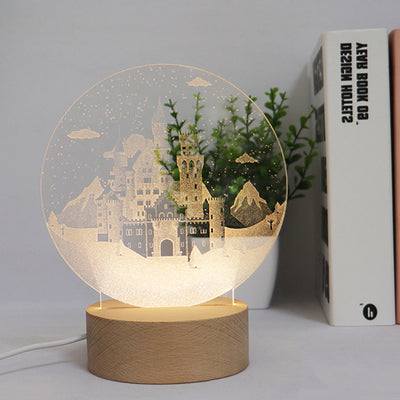 Contemporary Creative Round Cylinder Base Moon Christmas Tree Wooden Acrylic LED Table Lamp For Bedroom